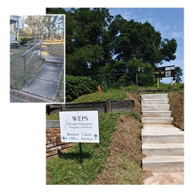 These before-and-after photos show the walkway leading from the rear parking lot up to the sidewalk and main entrance at the Enterprise nonprofit.