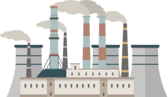 An illustration depicting a factory with smoke billowing from its chimneys against a clear sky backdrop.